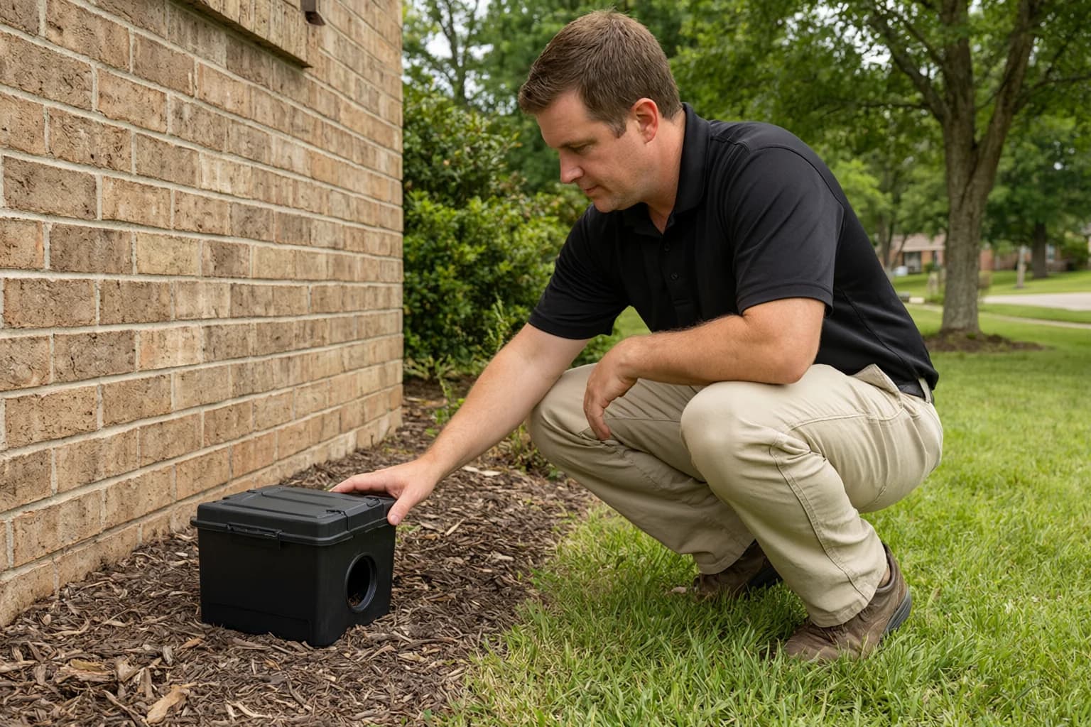 Lotus technician placing a locked rodent bait station along a home's foundation
