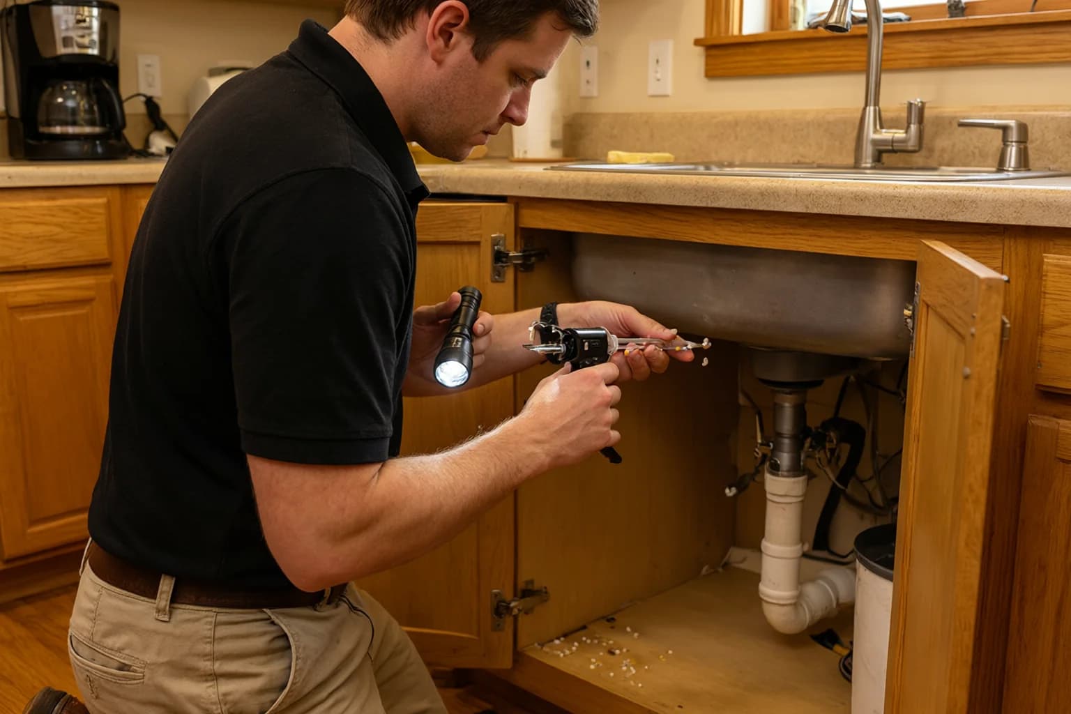 Lotus technician applying gel bait under a kitchen sink with a flashlight
